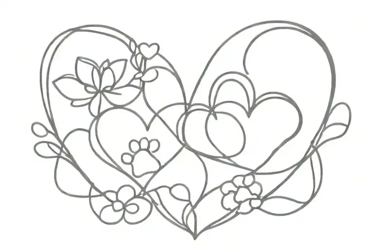 two intertwined hearts, twin flower, dog paw print tattoo design idea