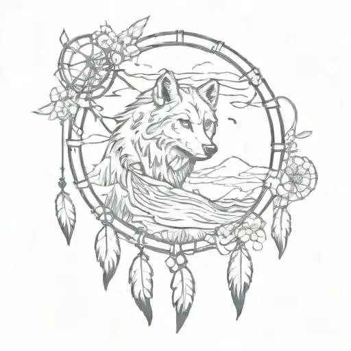 Dream Catcher with waterfall and wolve yin tattoo design idea