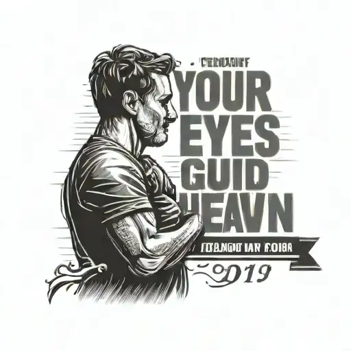 A father and son silhouette with their hands on top of the silhouette, set against a soccer field background, with a calendar showing February 16, 2019, and the phrase 'Your eyes guide me from heaven' tattoo design idea
