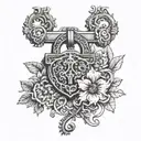 A delicate lock and key design symbolizing chastity, with intricate floral patterns intertwined, incorporating elements of BDSM like handcuffs or whips tattoo design idea