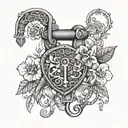 A delicate lock and key design symbolizing chastity, with intricate floral patterns intertwined, incorporating elements of BDSM like handcuffs or whips tattoo design idea