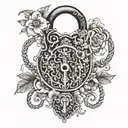 A delicate lock and key design symbolizing chastity, with intricate floral patterns intertwined, incorporating elements of BDSM like handcuffs or whips tattoo design idea