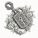 A delicate lock and key design symbolizing chastity, with intricate floral patterns intertwined, incorporating elements of BDSM like handcuffs or whips tattoo design idea