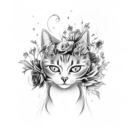A black and grey tattoo of a ghostly cat playing with a bouquet of dead flowers tattoo design idea