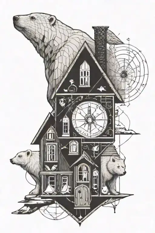 A geometric tattoo with fine lines depicting a house, Harry Potter symbol, book, polar bear and a compass. tattoo design idea