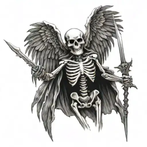 get a tattoo of a skeleton that has a pair of wings and is holding a spear in one hand tattoo design idea