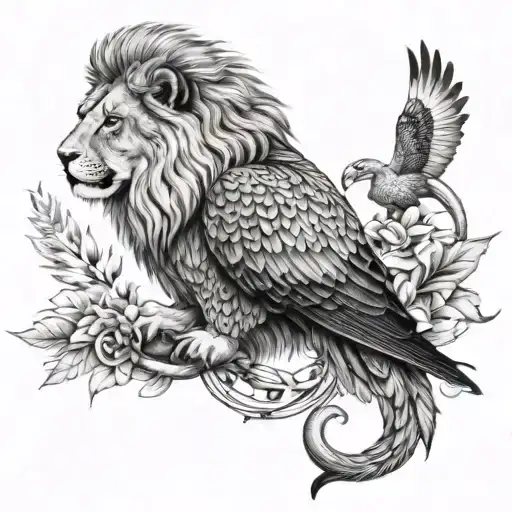 hawk with snake around and a lion for arm sleeve tattoo design idea