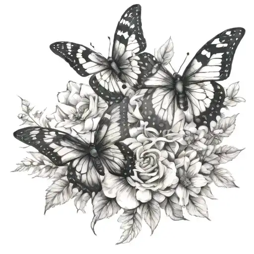 different flowers intertwining with three butterflies, black and white pencil scetch, realistic tattoo design idea