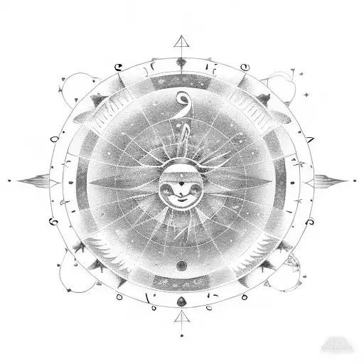 A mystical astrological chart with music notes as constellations, surrounded by sun and moon symbols. A Bee flying aroun tattoo design idea