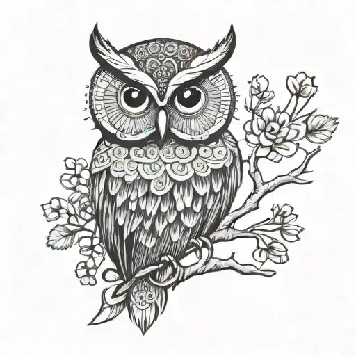 “Draw a detailed dotwork tattoo of a stylized owl perched on a branch. Focus on the intricate feather patterns using dot tattoo design idea