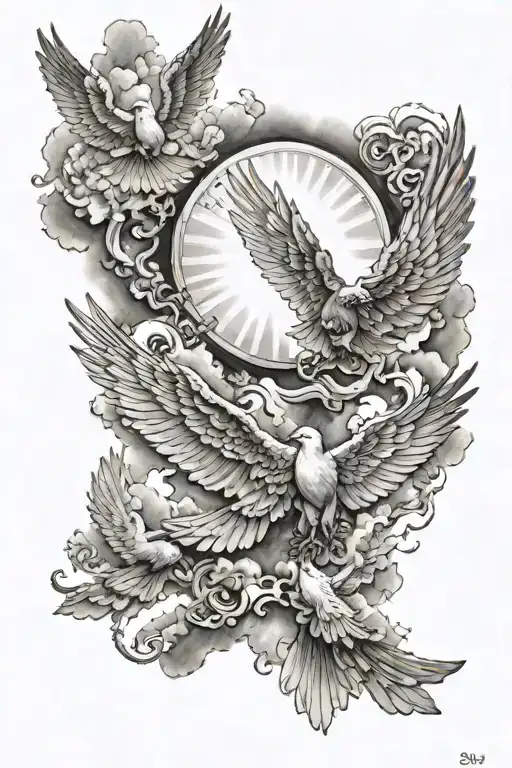 "our father prayer" in the middle of clouds, rays of light, and doves tattoo design idea