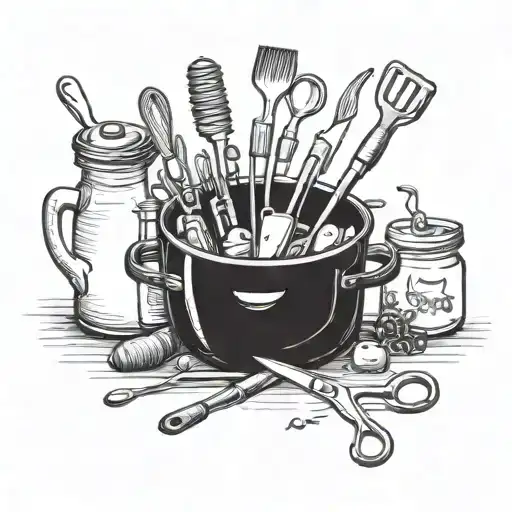 A whimsical scene of cooking utensils and anesthesia tools having a friendly interaction tattoo design idea