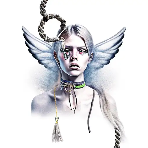 blank faced female angel with cut noose around her neck tattoo design idea