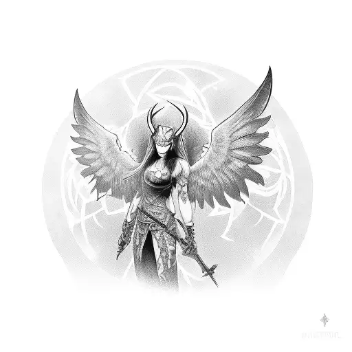 demon angel with two pigeon and two dates tattoo design idea