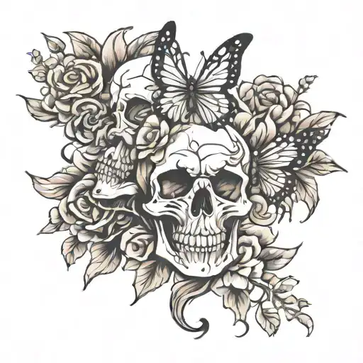 skulls and flowers and butterflies tattoo design idea