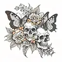skulls and flowers and butterflies tattoo design idea