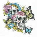skulls and flowers and butterflies tattoo design idea