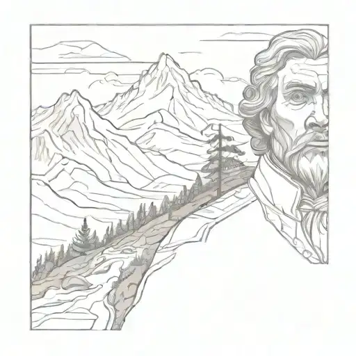A portrait of a historical figure from a favorite book with a mountain landscape as a backdrop tattoo design idea
