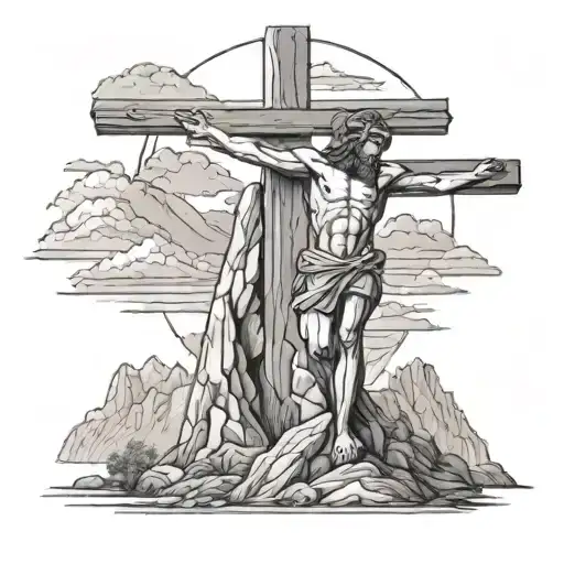A detailed illustration of the crucifixion of Christ with a mountain range in the background tattoo design idea