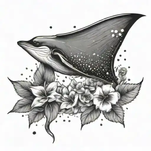 A serene nature scene incorporating a manta ray swimming among flowers tattoo design idea