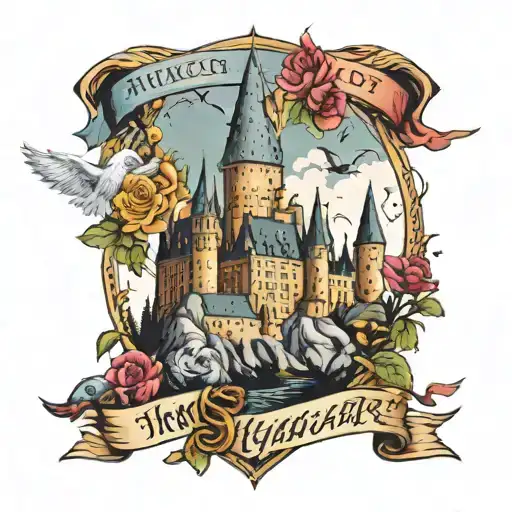 Hogwarts castle with flowers around the bottom, include buckbeak, golden snitch, patronus, luna's glasses, liquid luck tattoo design idea