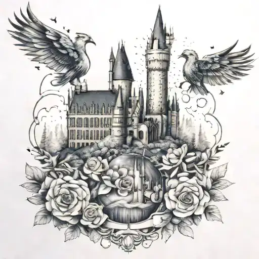 Hogwarts castle with flowers around the bottom, include buckbeak, golden snitch, patronus, luna's glasses, liquid luck tattoo design idea