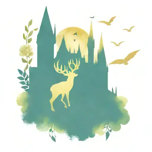 Hogwarts castle with flowers, golden snitch, hedwig, luna's glasses, felix felicis, buckbeak, patronus deer tattoo design idea