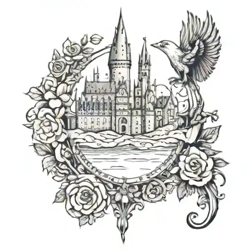 Hogwarts castle with flowers around the bottom, include buckbeak, time turner, wand, deathly hallows, phoenix, hedwig tattoo design idea