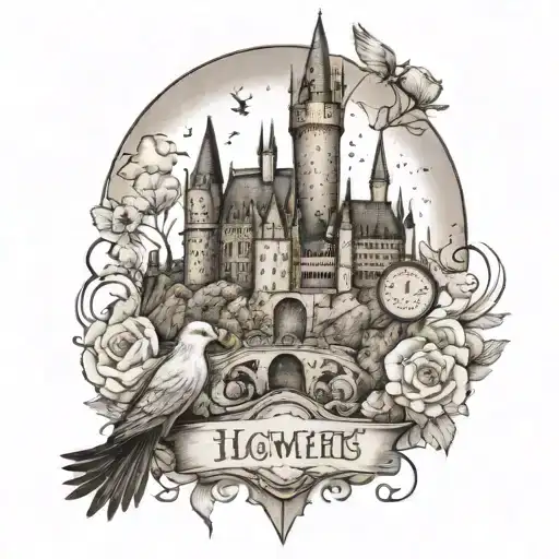 Hogwarts castle with flowers around the bottom, include buckbeak, time turner, wand, deathly hallows, phoenix, hedwig tattoo design idea