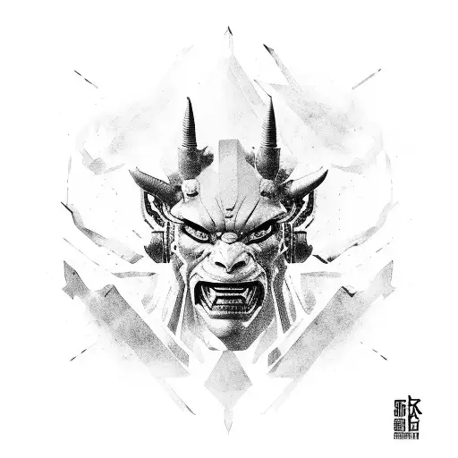 Cyberpunk Oni mask opening with 2 different faces tattoo design idea