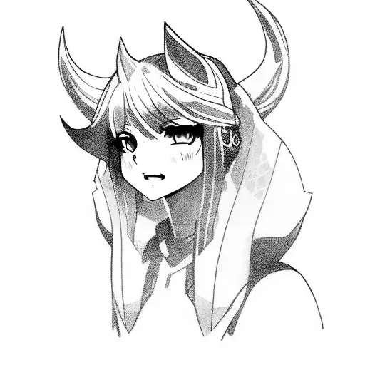 Large tattoo of Ahri from League of Legends with Cyberpunk theme.  Full body, not just the face.  tattoo design idea