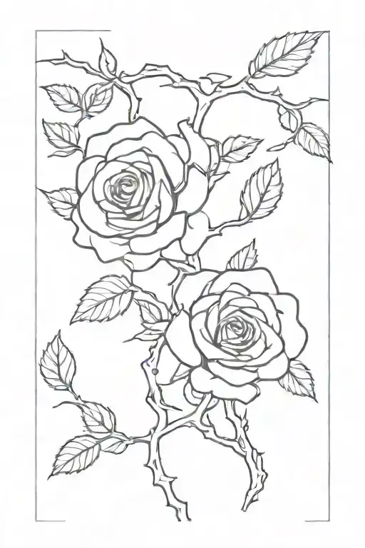 A black and white tattoo outline of a bunch of thick old spooky branches on the back of  2 sexy roses with a few leaves tattoo design idea