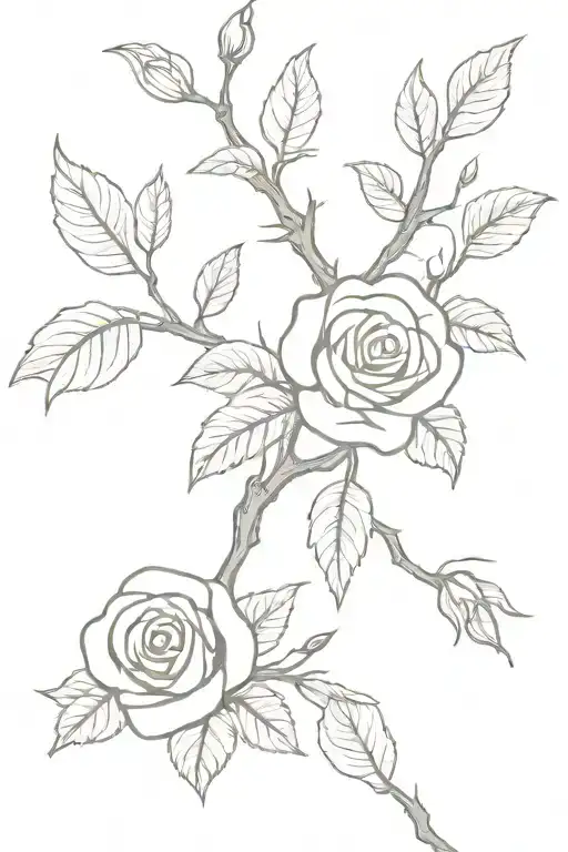 A black and white tattoo outline of a bunch of thick old spooky branches on the back of  2 sexy roses with a few leaves tattoo design idea