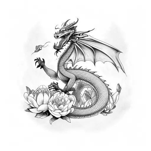 dragon with 3 peonies tattoo design idea