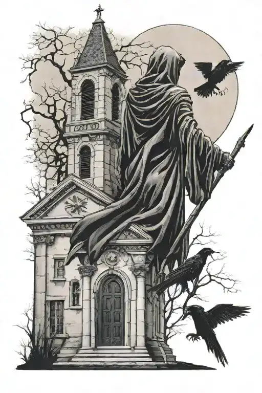 Grim Reaper standing facing forward in front of a creepy church, with a full moon, a raven is sitting on a headstone. tattoo design idea