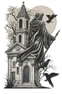 Grim Reaper standing facing forward in front of a creepy church, with a full moon, a raven is sitting on a headstone. tattoo design idea
