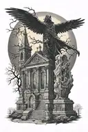 Grim Reaper standing facing forward in front of a creepy church, with a full moon, a raven is sitting on a headstone. tattoo design idea