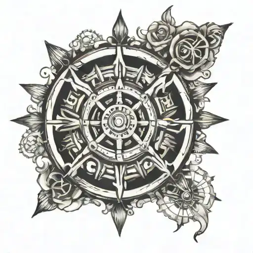 ship wheel fusion with  dharma chakra tattoo design idea