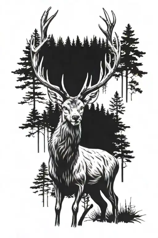 the face of a deer, which has tall pine trees mixed with antlers and another deer stands on the top of its head, as if in the distance tattoo design idea