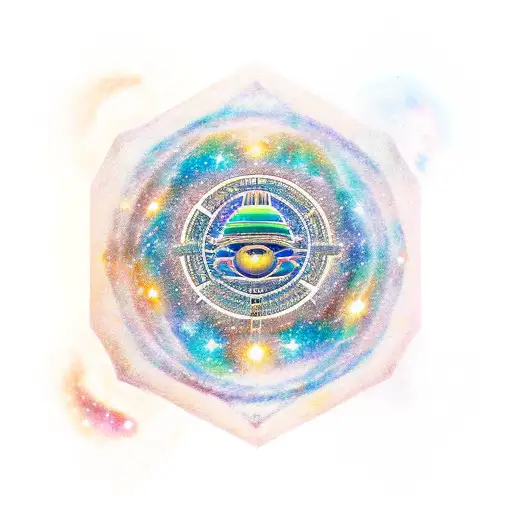 A cosmic deity overseeing a galaxy filled with dollar signs and ancient Egyptian symbols tattoo design idea