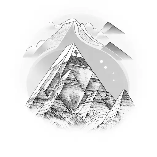 An intricate design featuring a mountain peak surrounded by a forest, with Egyptian hieroglyphs hidden within the trees tattoo design idea