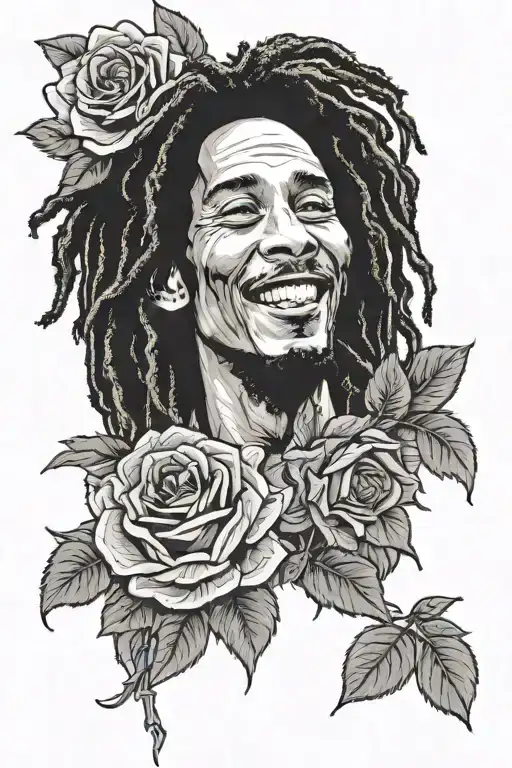 bob marley smiling with roses growing tattoo design idea