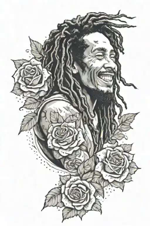 bob marley smiling with roses growing tattoo design idea