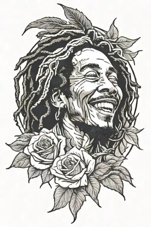 bob marley smiling with roses growing tattoo design idea