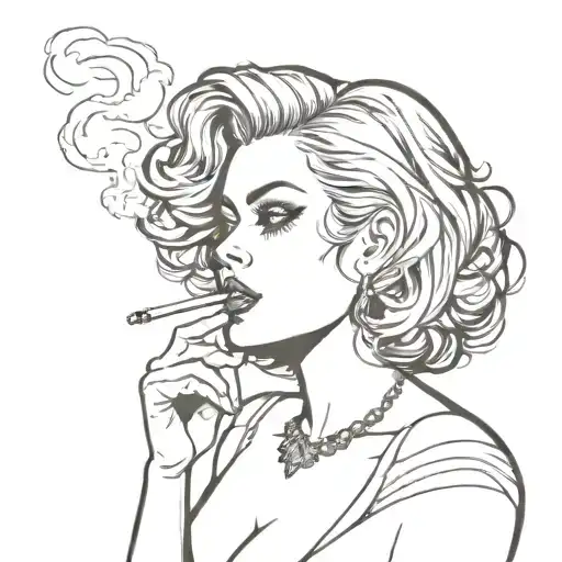 Sexy Busty Woman, short bob hairstyle cleavage facial piercings smoking cigarette in mouth. Portait silhouette side. tattoo design idea