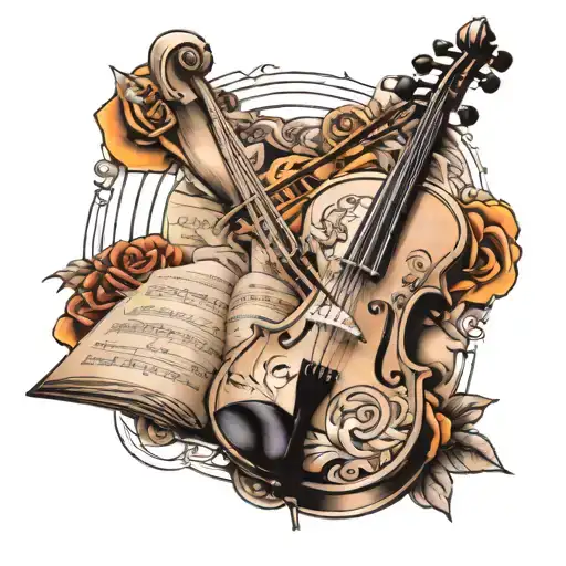 sun and violin surrounded by sheet music tattoo design idea