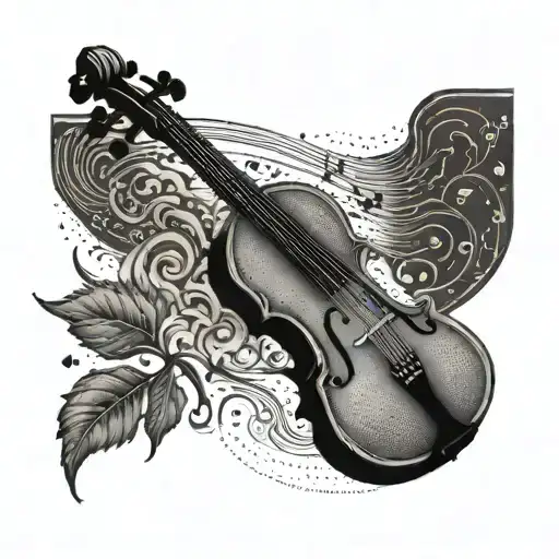 A dotwork tattoo of a violin with a sun motif incorporated into the design tattoo design idea