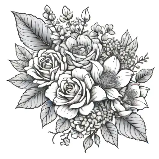 October, August, and February birth flower bouquet tattoo design idea