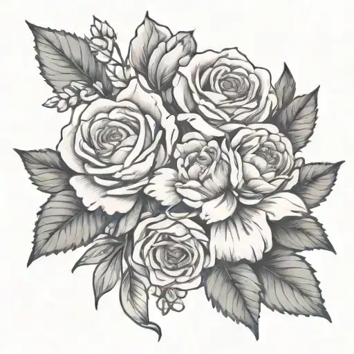 October, August, and February birth flower bouquet tattoo design idea