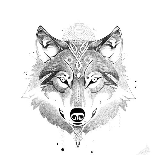 wolf with nordic symbols tattoo design idea
